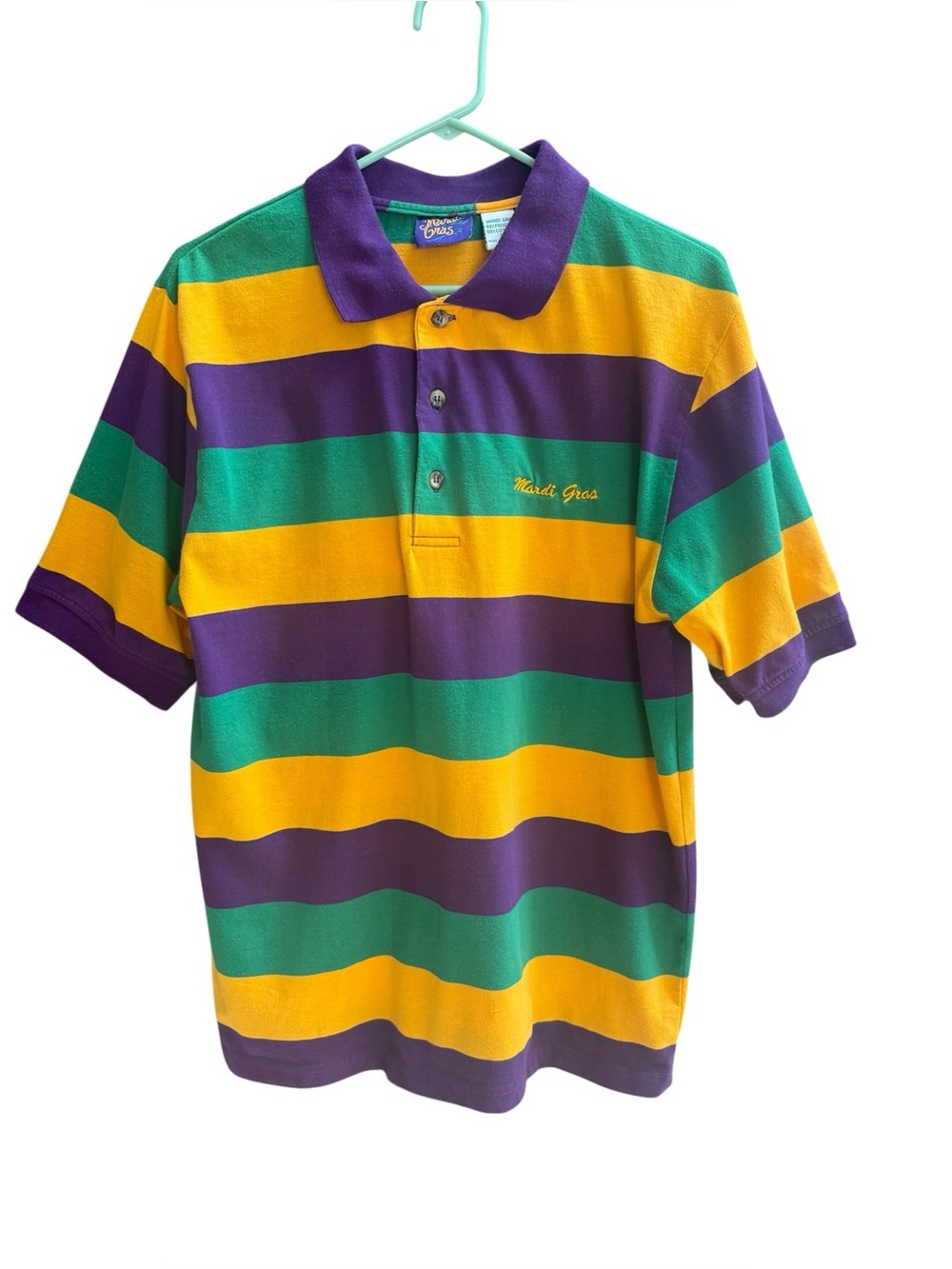 Vintage Y2K Mardi Gras Colorful Striped Embroidered Polo Shirt Men’s Sz L